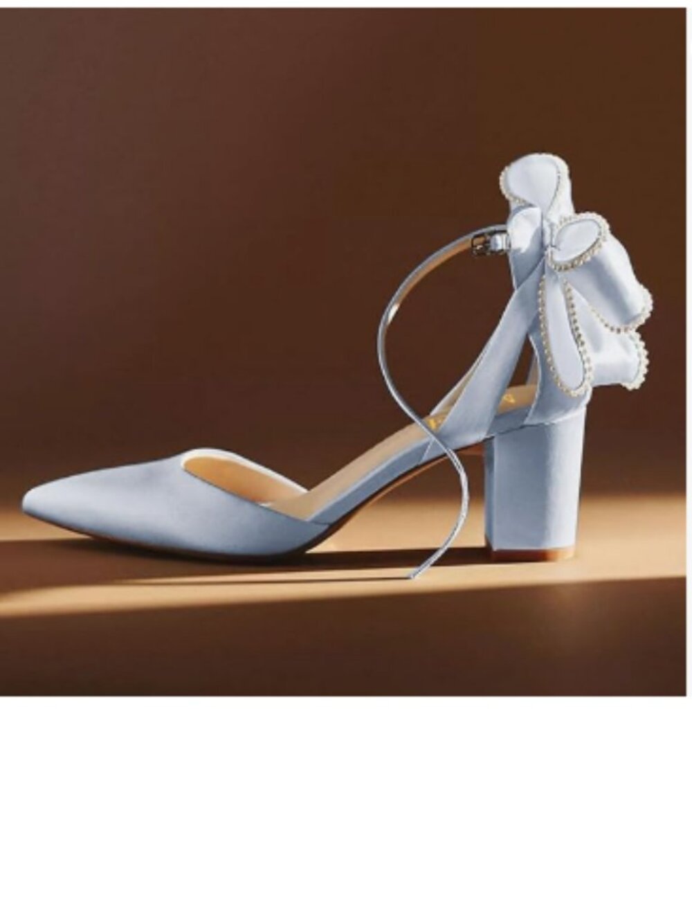miss left Blue Bows Pointy Toe Pumps Pearls Chunky Heel Strap Buckled Shoes
